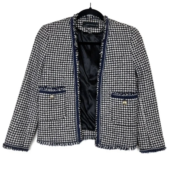 Zara NWOT black white & navy blue houndstooth textured tweed blazer jacket - Picture 2 of 9